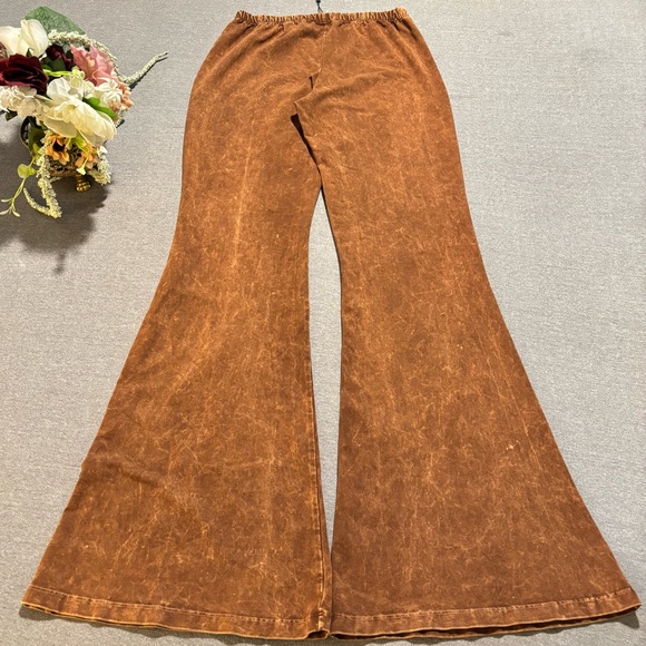 Chestnut Brown Boho Mineral Wash Flared Bell Bottom Stretch Pull On Pants Womens - Picture 5 of 15